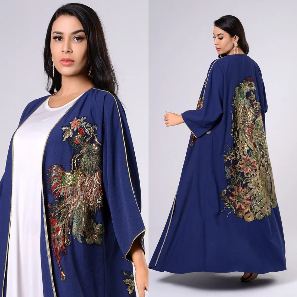 Мусульманская абайя Wepbel с вышивкой Феникса, мусульманская одежда, платье, кардиган, комплект из 2 предметов, кафтан, мусульманское кимоно, Ха...
