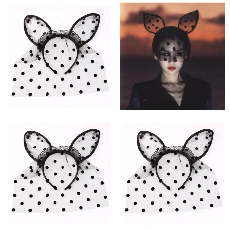 

10pcs Women Girl Black Sexy Lace Polka Dots Fox Cat Ears Veil Headbands Nightclubs Masquerade Cosplay Christmas