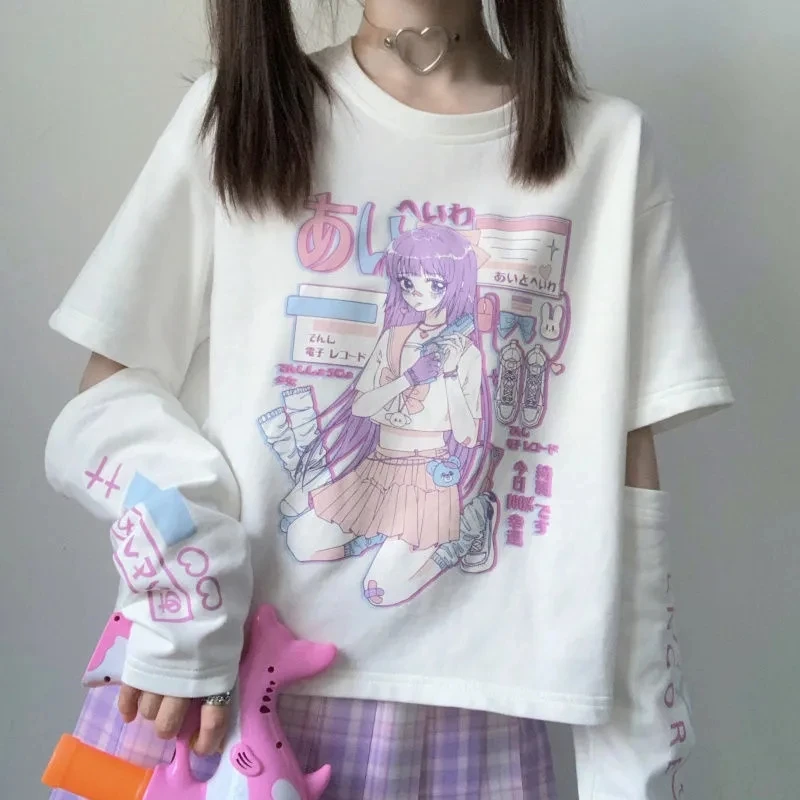 

Japanese Streetwear E Girl Anime Tshirt Clothes With Arm Cover Graphic Top Harajuku Kawaii Summer Tops For Women 2022 T Shirt
