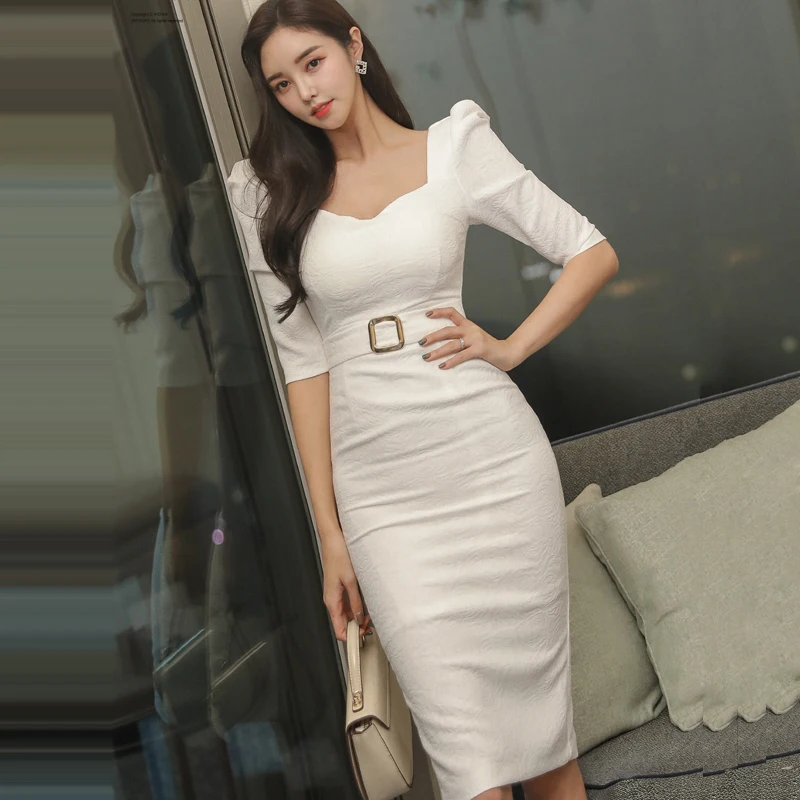 

Женское облегающее платье в Корейском стиле, элегантное белое платье-футляр с V-образным вырезом и высокой талией, офисная одежда в богемном...