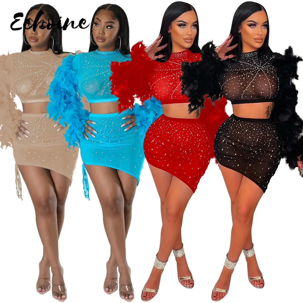 

Beautiful Feather Detail Crystal Skirt Set Women Gorgeous Sheer Mesh Diamonds Two-Piece Dress Sets Birthday Outfits Clubwear