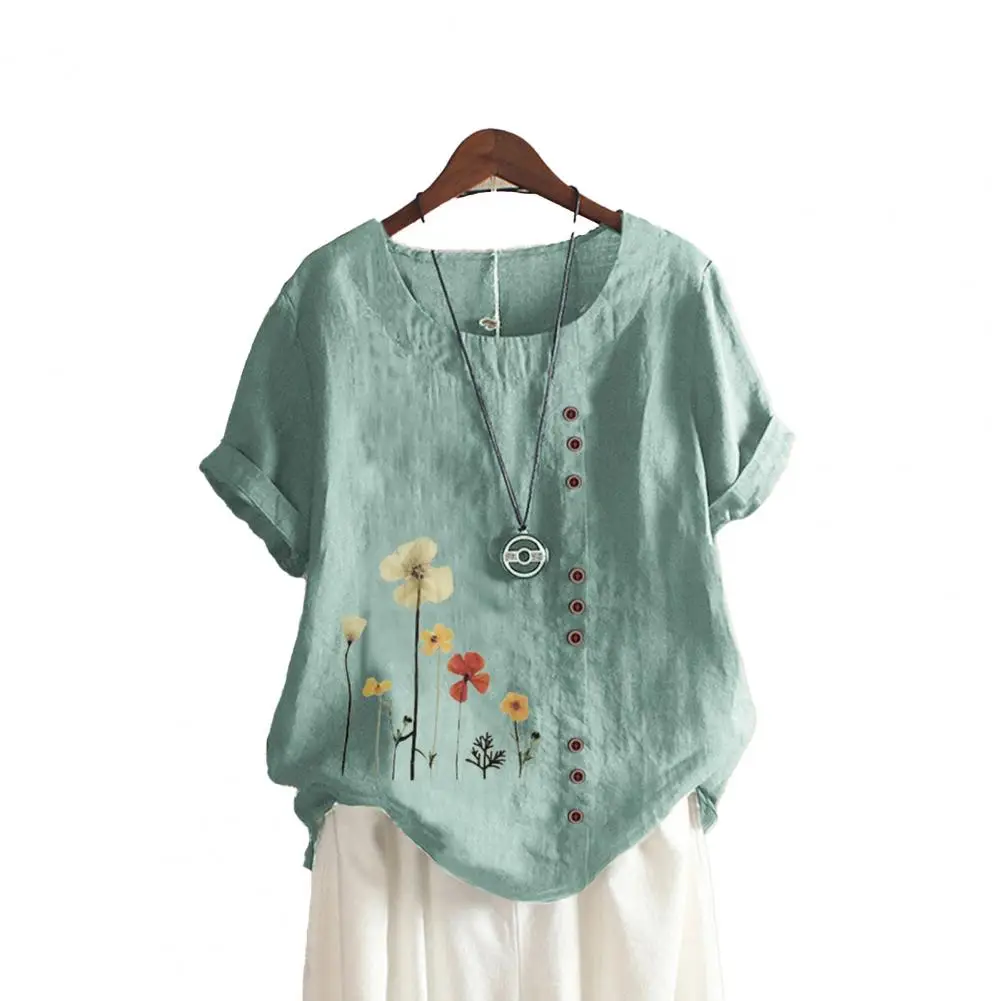 

Футболка женская с цветочным принтом, Свободный Топ с круглым вырезом, на пуговицах, с коротким рукавом, винтажная Повседневная летняя одеж...