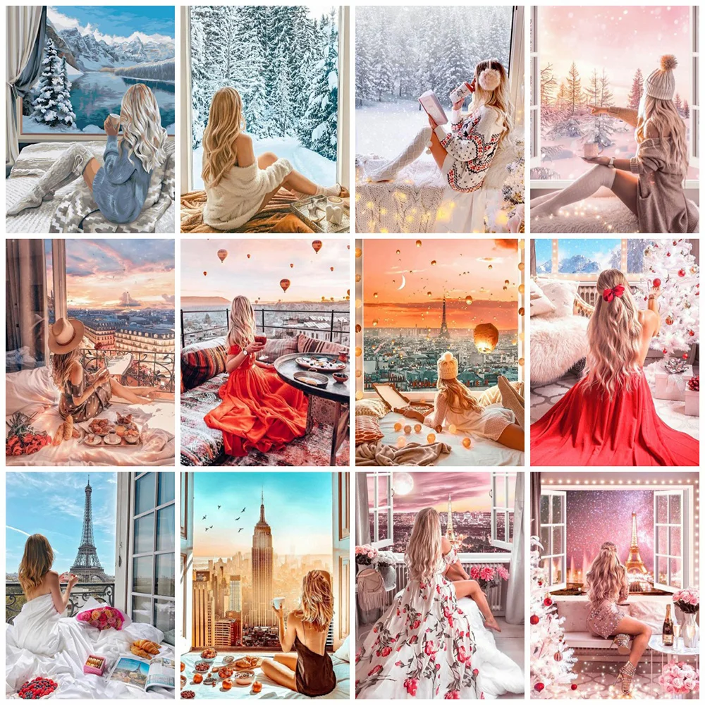 

HUACAN портрет роспись бриллиантами женщина окно вышивка полный комплект Стразы картины на стену