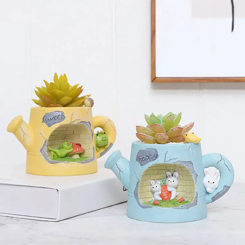 

Flower Pot Cartoon Resin Sprinkler Kettle Shape Statue Flower Pot Yard Decor Ornament