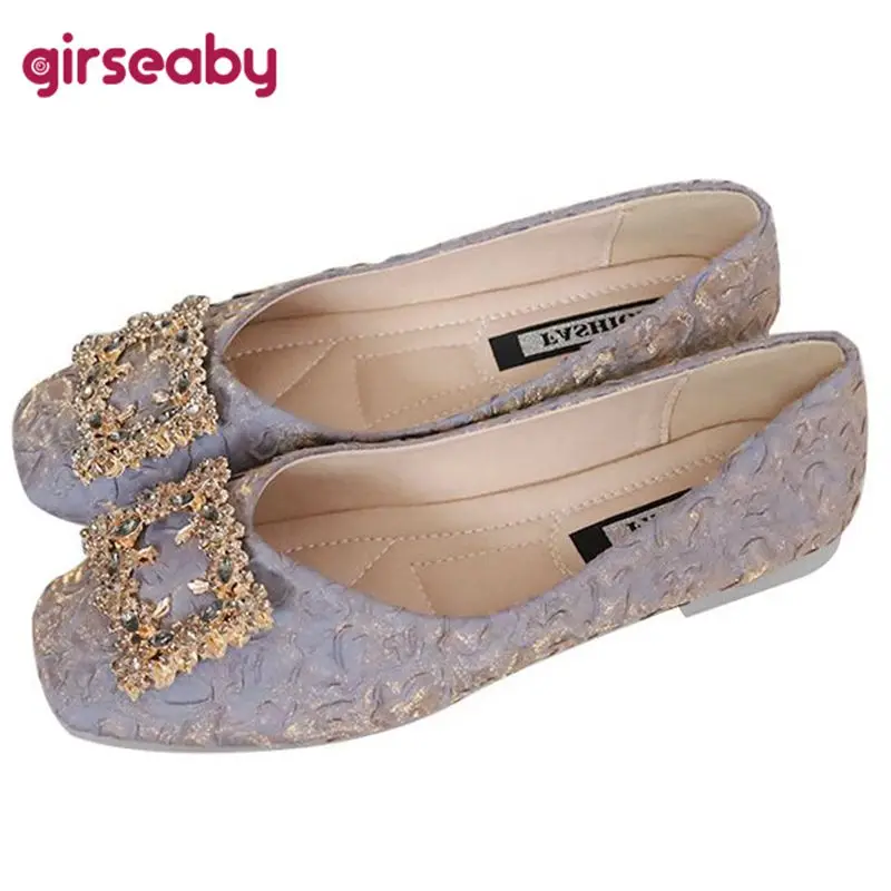 

Girseaby 2022 Women Flats Square Toe Pleated Casual Rhinestone Buckle Shallow Slip On Soft Big Size 35-40 Black Sweet S3802