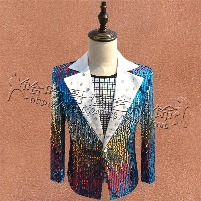 Red Blue New Male Performance Clothing Singer Host Nightclub Party Stage Men's Sequined Blazers Homme Suit Slim Men Coat  2022
