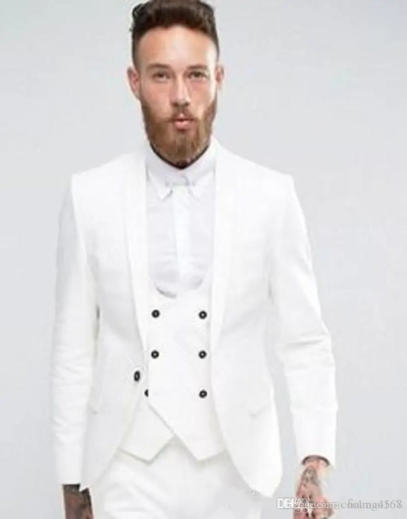 

Handsome White Groom Tuxedos Shawl Lapel Groomsmen Mens Wedding Dress Fashion Man Jacket Blazer 3Piece Suit(Jacket+Pants+Vest)