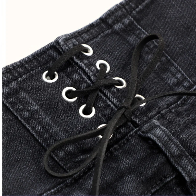 Multi-button Black Denim Shorts Summer Women Sexy Back Lace Up Design High Waist Hot Shorts New White A-Line Loose Straight Jean