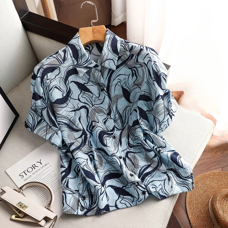 

Satin Women's Shirts Summer 2023 New Silk Print Casual Blouses Loose Fit Polo-Neck Short Sleeve Top Ladies Clothing YCMYUNYAN