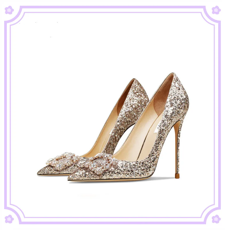 Luxury Crystal Sexy Buckle Women's High Heels  Fashion Flash Pumps Party Pointed Wedding Shoes