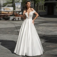 off shoulder satin white wedding dress for bride sexy v neck backless sweep train a line custom made 2022 bridal gown sleeveless
