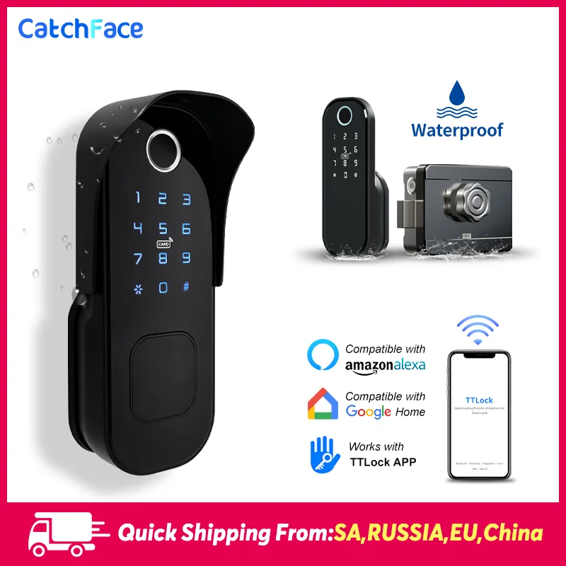 

2022 Fingerprint Door Lock Waterproof Outdoor Gate Bluetooth TT Lock App Passcode Rfid Card Keyless Front Electronic Smart Door