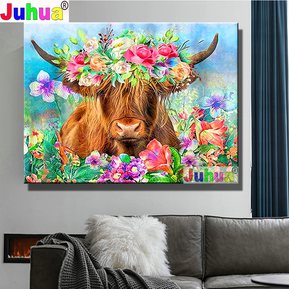 

Алмазная живопись 5d Highland с головой коровы и крупного рогатого скота с цветочной гирляндой 5D, алмазная вышивка «сделай сам», смешное животно...