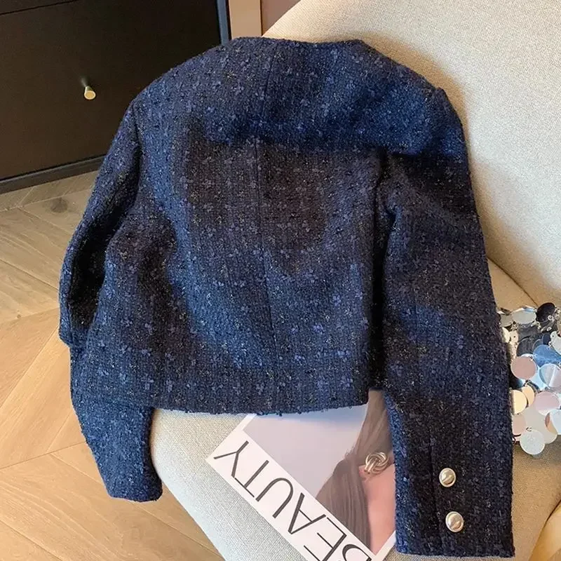 Женское твидовое короткое пальто темно-синего цвета модный тканый топ с длинными
