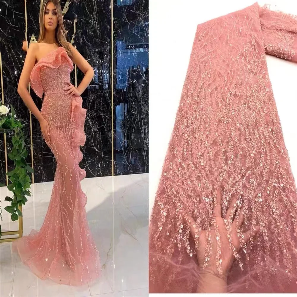 

beaded african laces fabrics for wedding 2023 embroidery nigerian high quality net lace fabric sequins for sewing Pink best