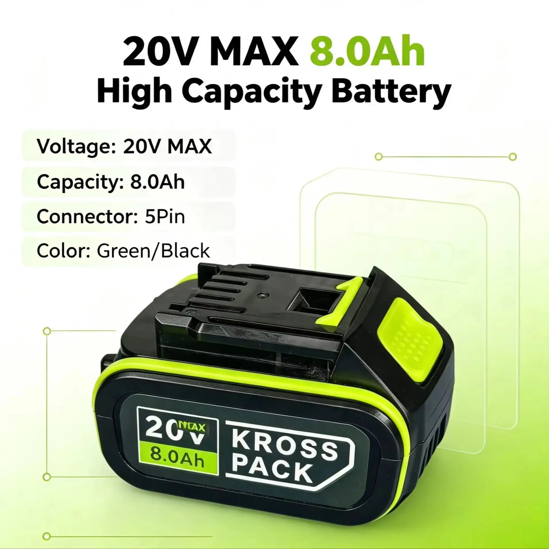 Фото Аккумулятор 20V MAX 5Pin KROSS PACK 8.0Ач для электроинструментов WORX 20V Green WU Series, литий-ионный, перезаряжаемый №3