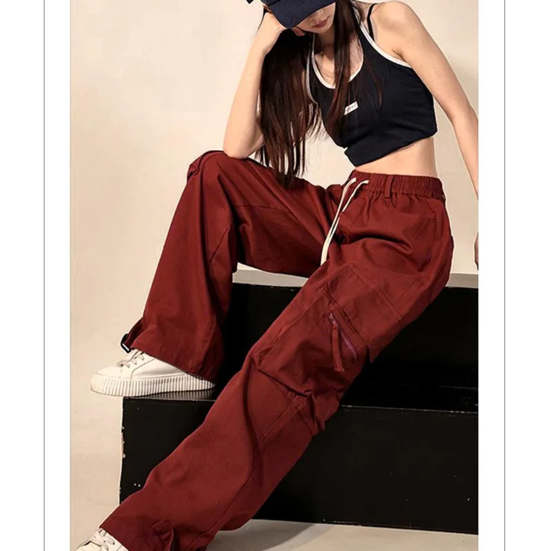 

Y2k Cargo Pants Women Vintage Fashion Red Harajuku Baggy Jeans High Waist Black Korean Style Jogger Sports Wide Leg Trousers New