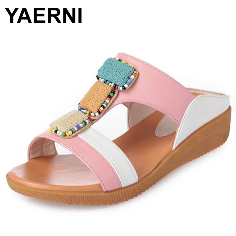 

Women Genuine Leather Sandals Round Toe Platform Flats Crystal Buckle Concise Ladies Casual Shoes Summer Apricot 42