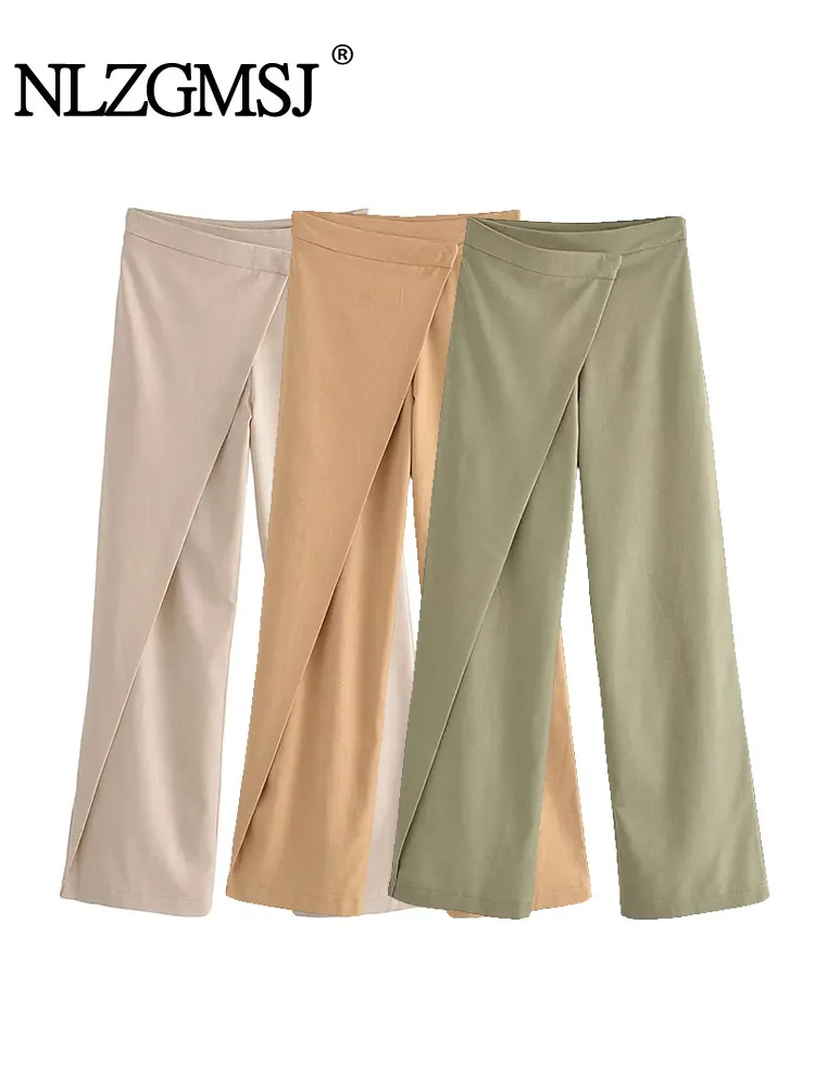 

Nlzgmsj TRAF 2023 Woman Linen Wrap Style Straight Long Pants Fashion High Waist Vintage Spring Summer Casual Slim Trousers