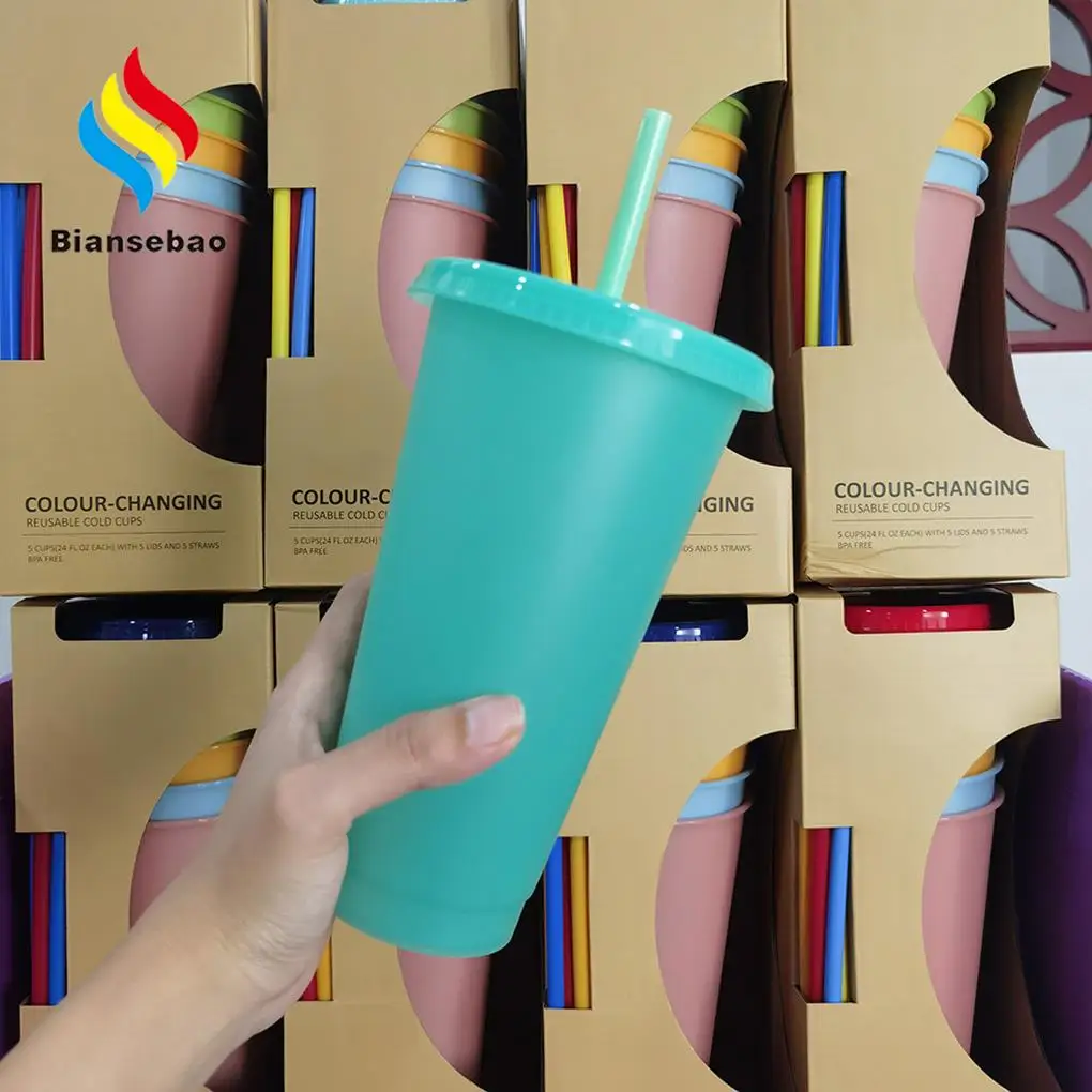 

5PCS 710ml Reusable Color Change Flash Shiny Coffee Cups 24oz Plastic Tumbler With Lid Plastic Cup Coffee Mug For Coffee Shop