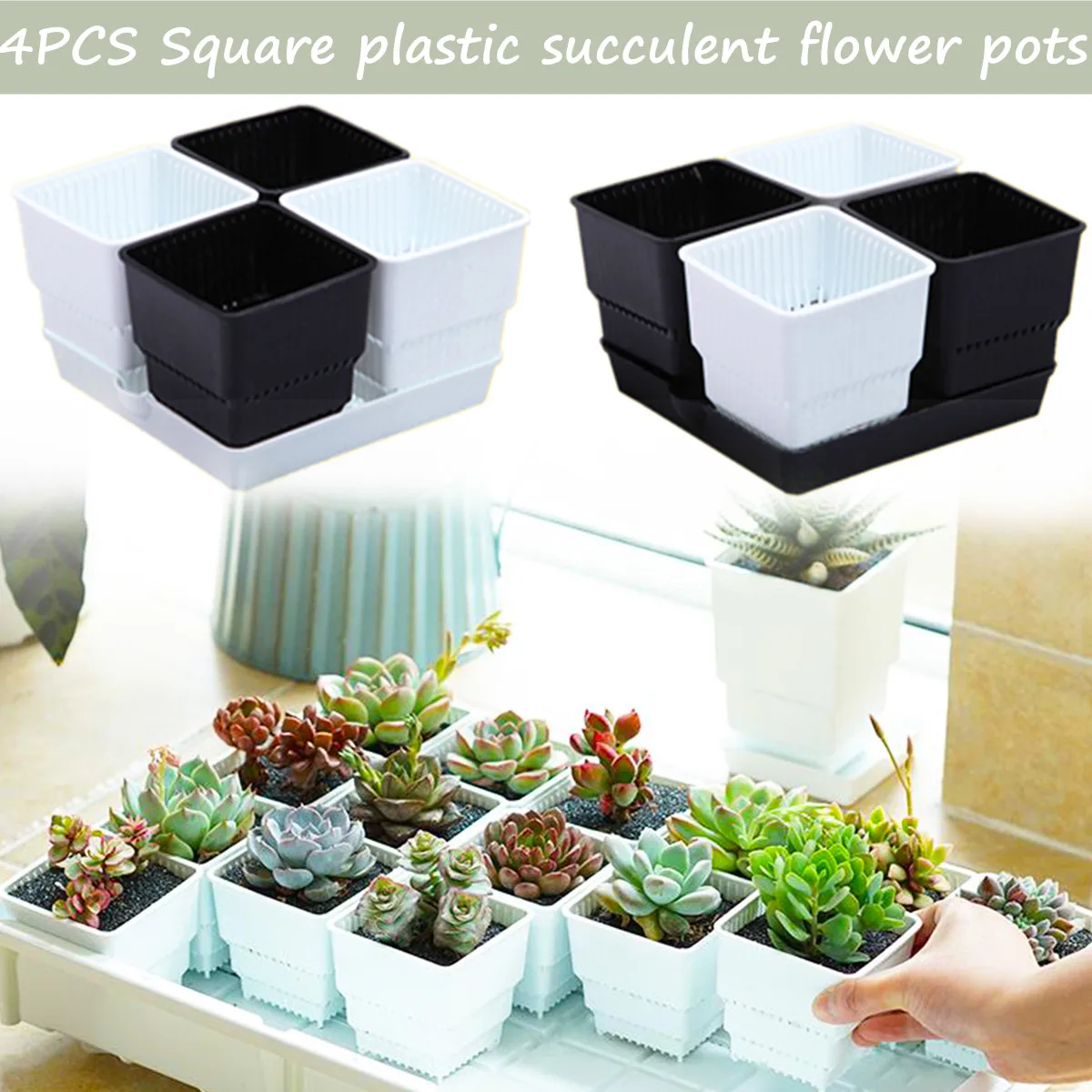

4Pcs Succulent Plant Pot with Tray Square Cactus Lithop Flowerpot with Drainage Hole Plastic Planter Box for Garden Planting