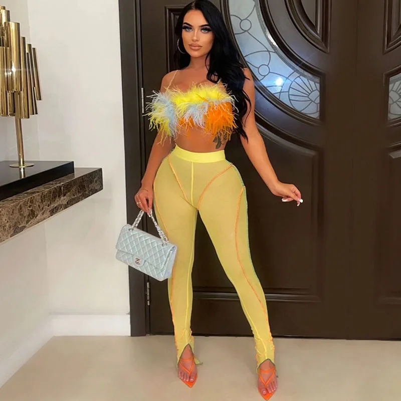 

Sexy Two Piece Sets Womens Outfits Matching Sets Clubwear Feathers Crop Top+High Waist Leggings Set Party Night Festival Outfit