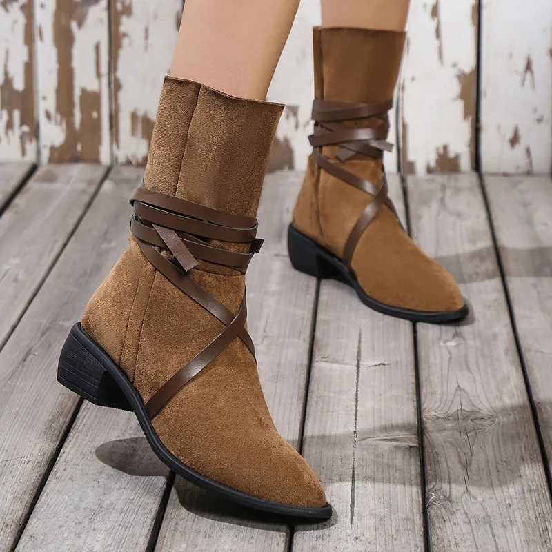 

2022 Fashion Martin Boots For Women Office Shoes Solid Pointed-toe Bandage Flock Med Heels Sexy Female High Boots Casual Shoes
