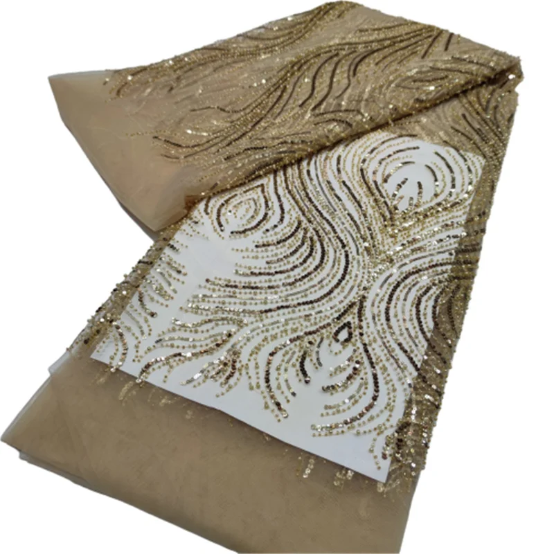 

Золотая кружевная ткань с бусинами для свадьбы 2022 Высококачественная Вышивка Тюль Кружево французское Сетчатое кружево африканская Кружевная Ткань 5 ярдов