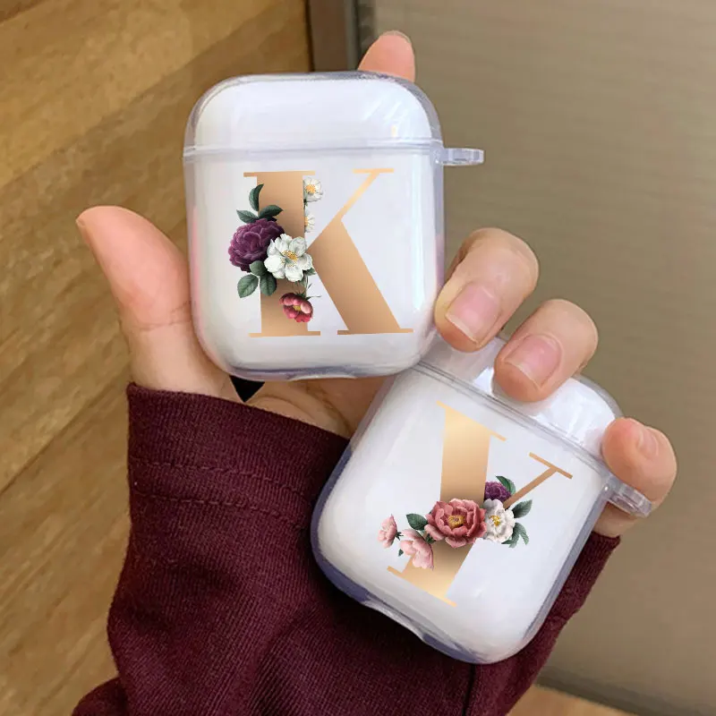 

Initial Letter AZ Earphone Case For Apple Charging Box For AirPods1 2 3 Pro Golden alphabet flower Clear wireless Bluetooth case