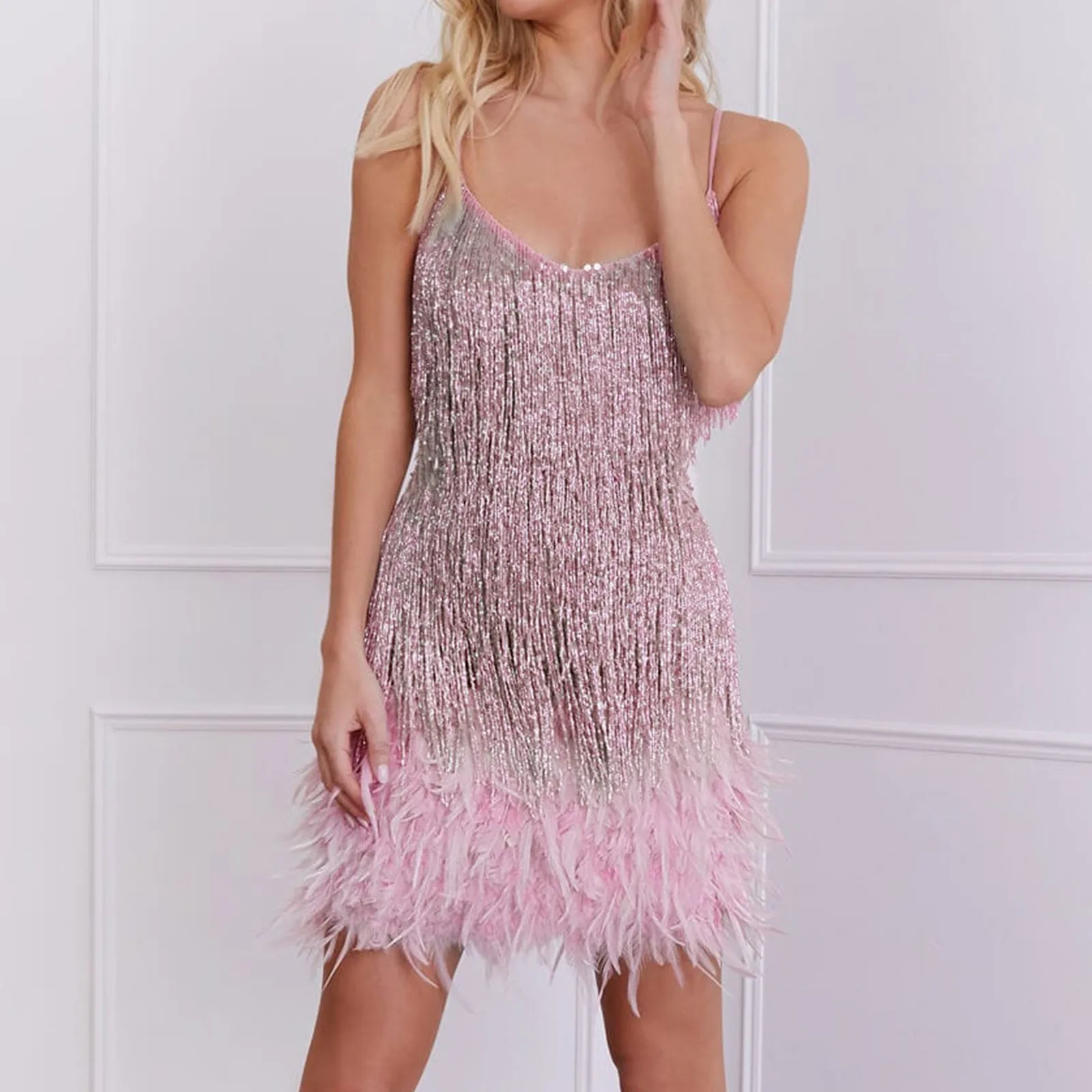 

Vintage Feather Tassel Slip Dress Summer Women V Neck Sleeveless Shift Mini Dress Party Cocktail Prom Gown Latin Fringe Dresses