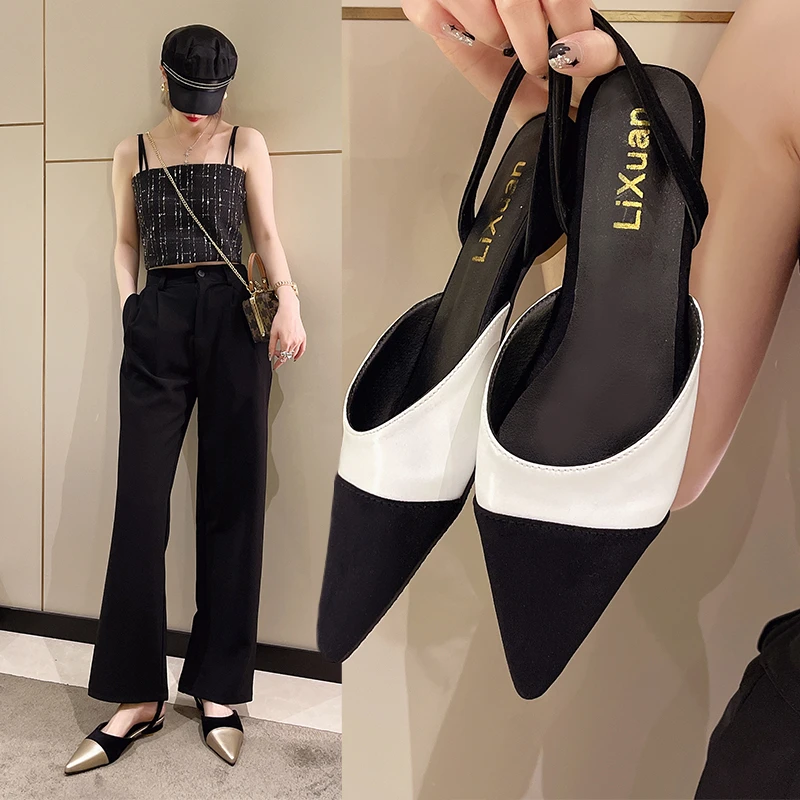 

Ladies Baotou Sandals Black Sling Pointed Toe Party Sexy Nightclub Women's High Heels Fashion Office Ladies Low Heels Mules