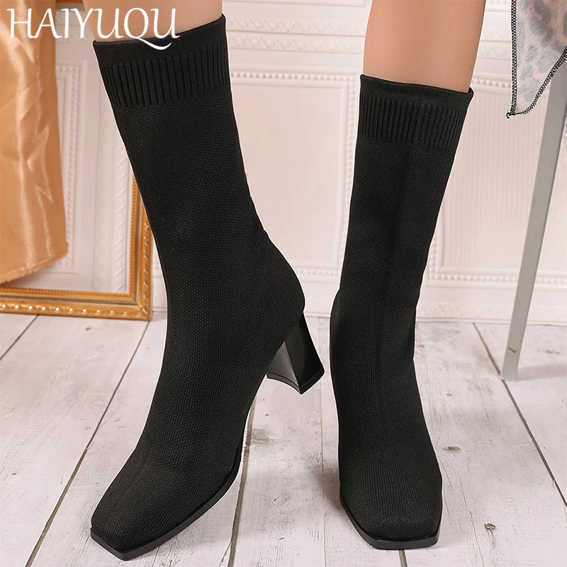 Женские вязаные сапоги до середины икры на высоком каблуке дизайнерская модная