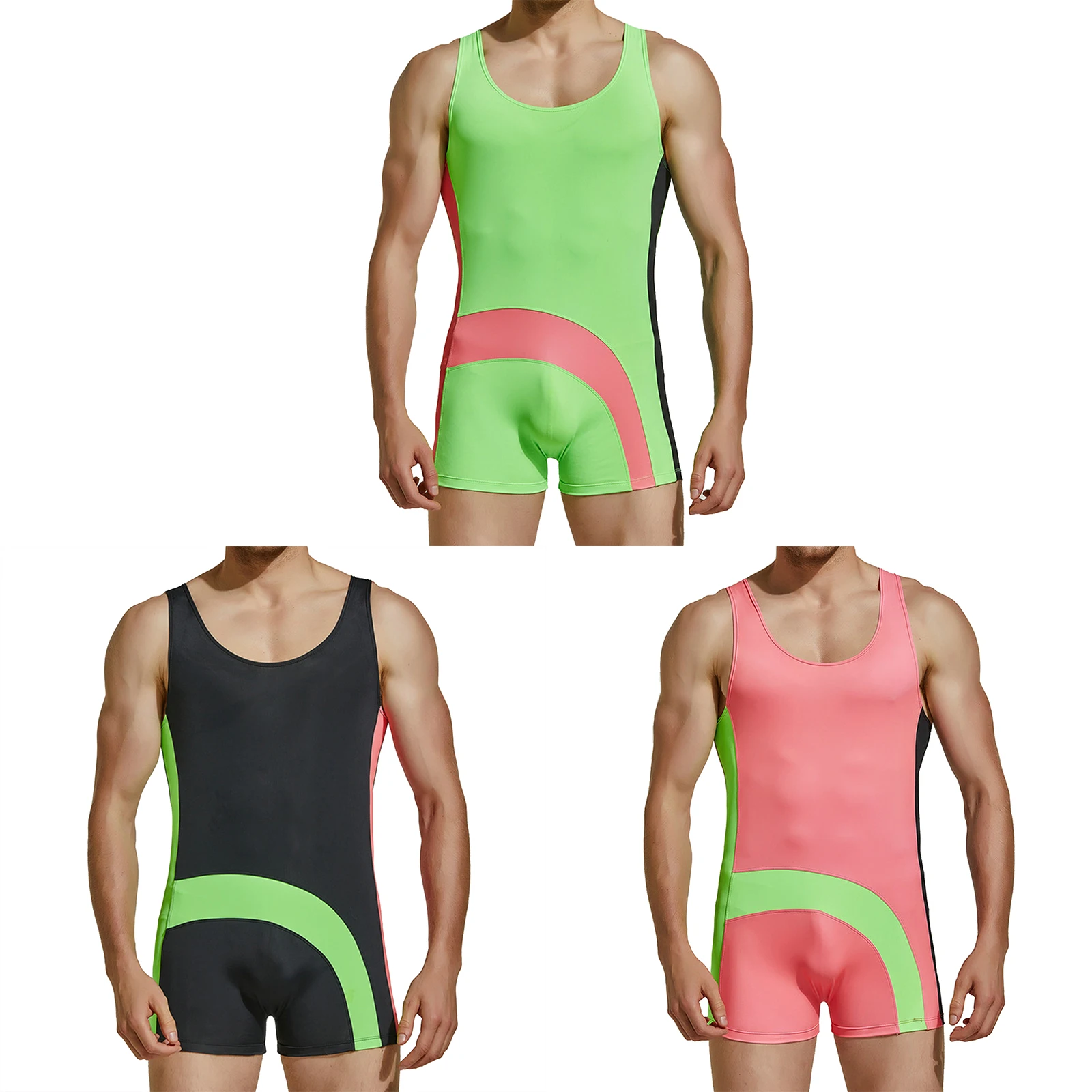 

Quickly Dry Men Sports Jumpsuit Sportswear Sleeveless Colorblock Patchwork Stretchy Short Gymnastics Bodysuit Fitness Unitards
