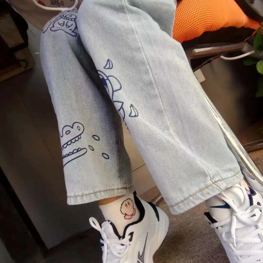 2021 Spring All-Match Women Harajuku Denim Jeans Plus Size Sweet Cute High Waisted Jeans Wide Leg Jeans Pants Soft Girl Trousers