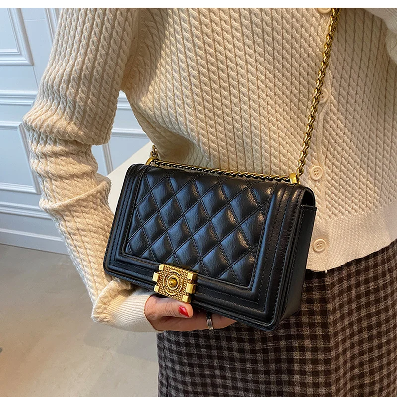 

Fashion Rhombic Bags Women Chain Crossbody Bag 2022 New Vintage Mahjone Bags Trendy High-quality PU Black Shoulder Bag