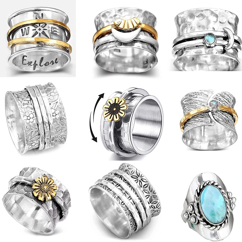 Женское Винтажное кольцо с цветком маргаритки, вращающееся кольцо на кончик пальца, антистрессовое и тревожное кольцо, женская бижутерия, п...
