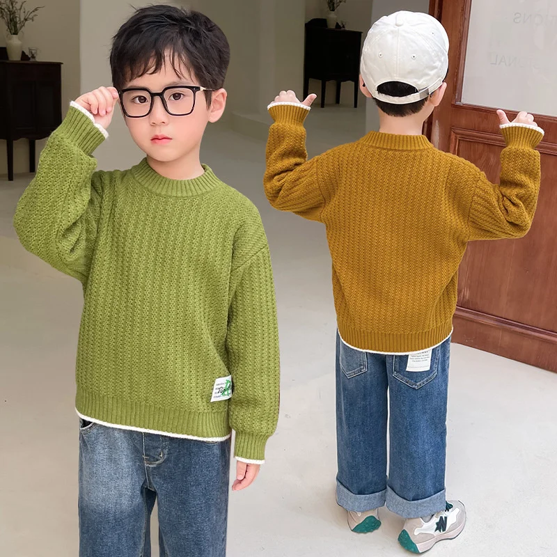 

Шерстяной свитер для мальчиков, вязаный хлопковый 2022 коричневый теплый плотный бархатный зимний осенний Рождественский детский свитер