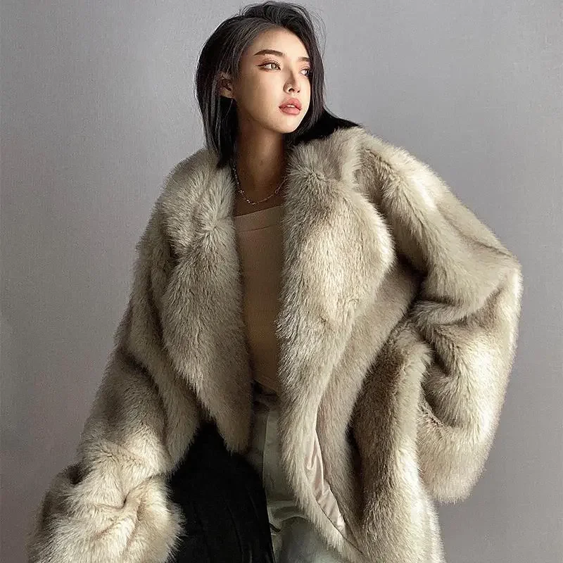 

Faux Fox Fur Coat Women 2022 New Winter Warm Cardigan Jacket Lambswool Mid-Length Lapel Loose Plush Coat Oversized Teddy Jacket