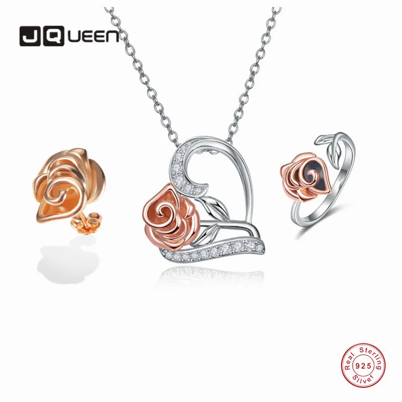 

JQUEEN Sterling Silver Jewelry Set Three Dimensional Rose Inlaid Zircon Heart-shaped Earrings Ring and Necklace Women Jewelry