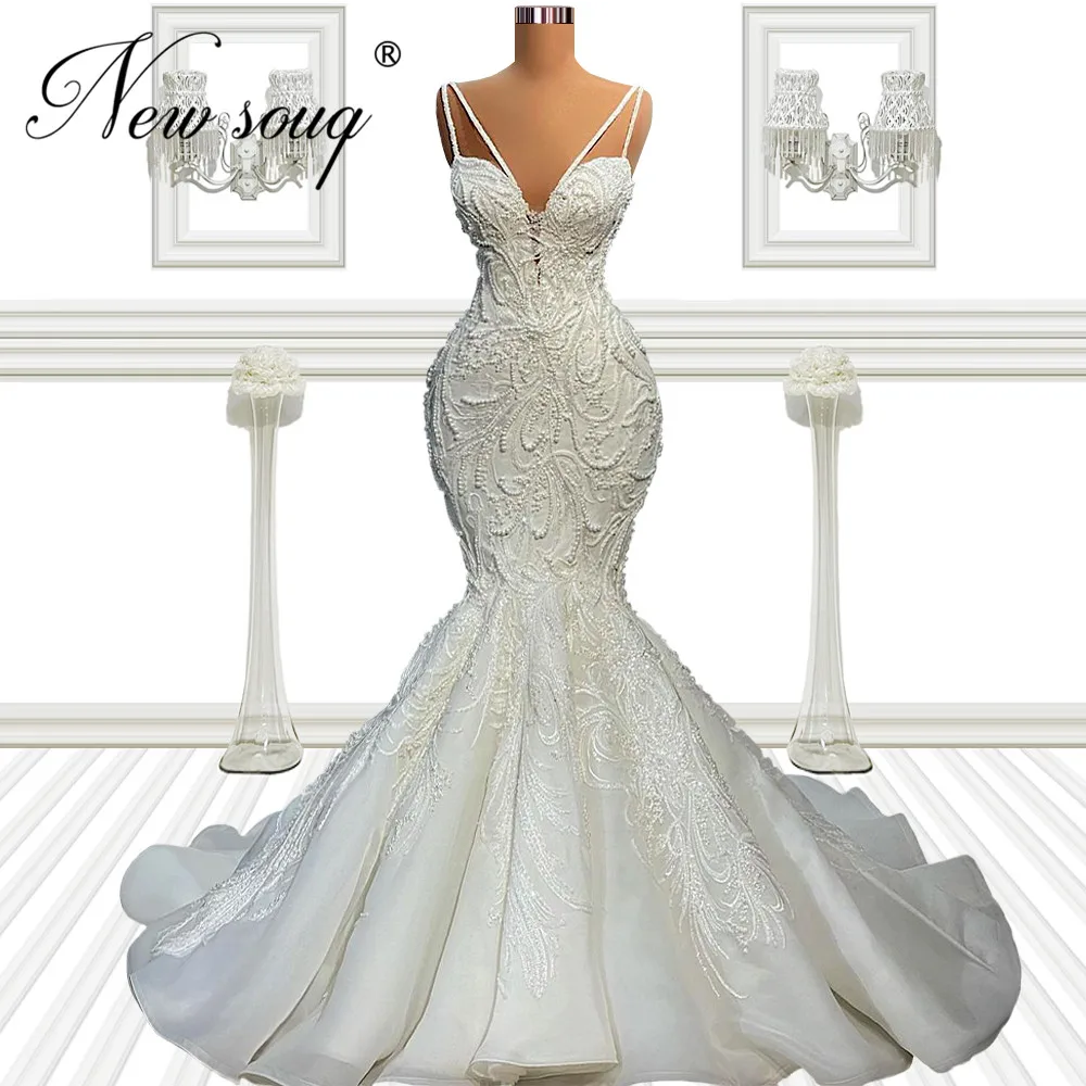 

Luxury Mermaid Evening Dresses For Weddings Ivory Pearls Prom Gowns Customized Long Formal Dress Celebrity Bride Dress Vestidos