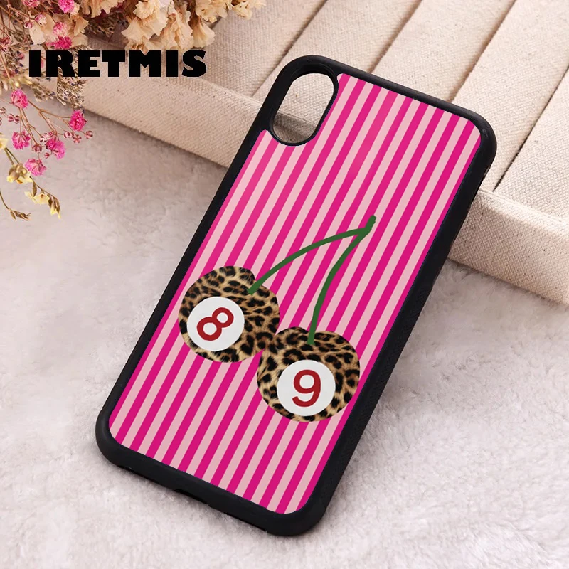 Чехол Iretmis для телефона iPhone X XS Max XR 11 12 13 PRO MINI 14 15 16 Plus силиконовая резина Leopard Cherry 89