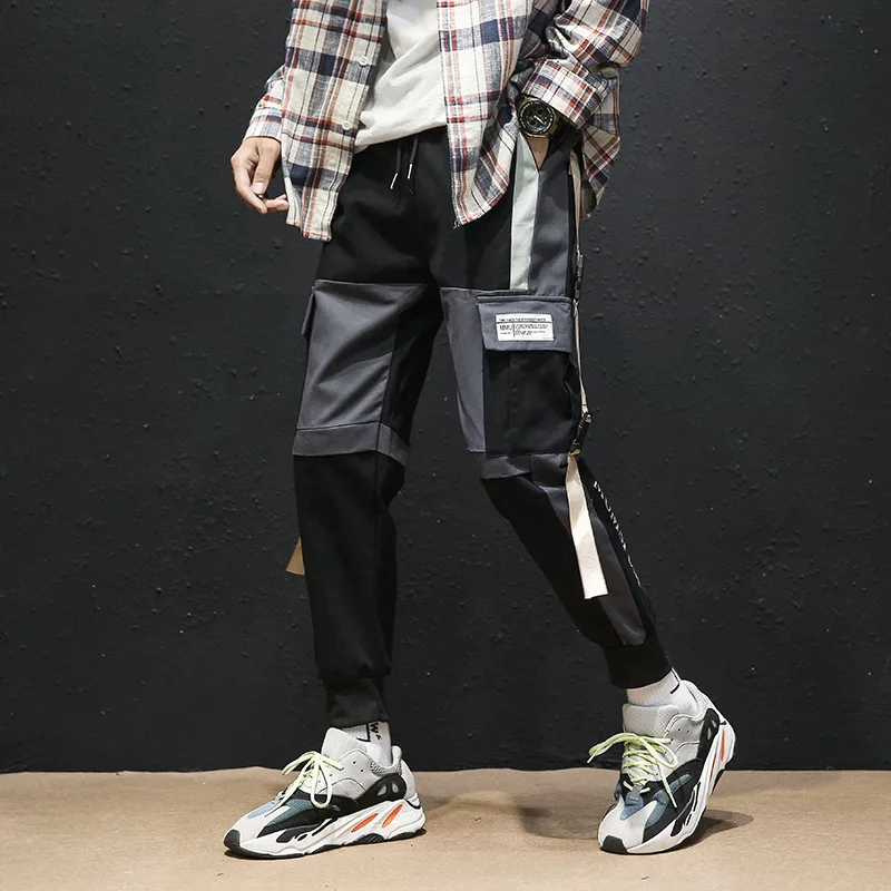 

2021 Men Fashion Punk Pants Black Grey High Streetwear Casual Cargo Pants Plus Size Loose Men Tactical Trousers Patchwork Design