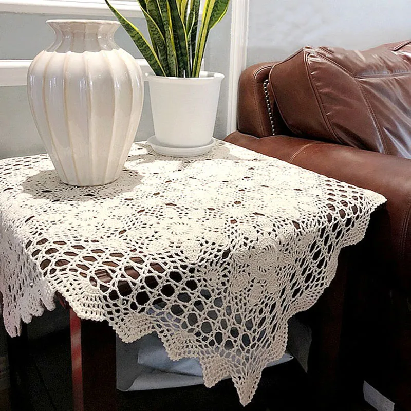 Lace Tablecloths Handmade Table Cover DIY Crocheted Cotton Table Cloth Square Dresser Sofa Doilies Nightstand Cover Room Decor