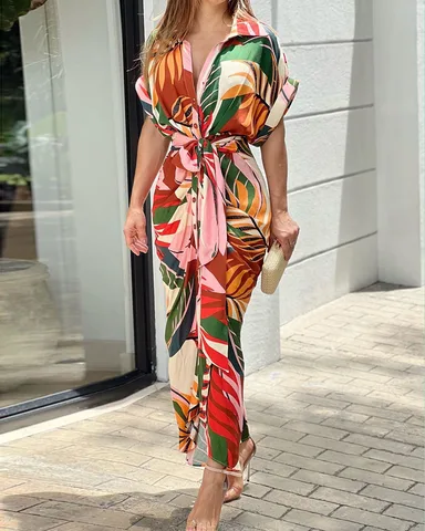 Women Elegant Shirt Dress Summer Vintage Printed Button Ruched Bandage Dress Female Solid V Neck Beach Long Dresses Casual Robe