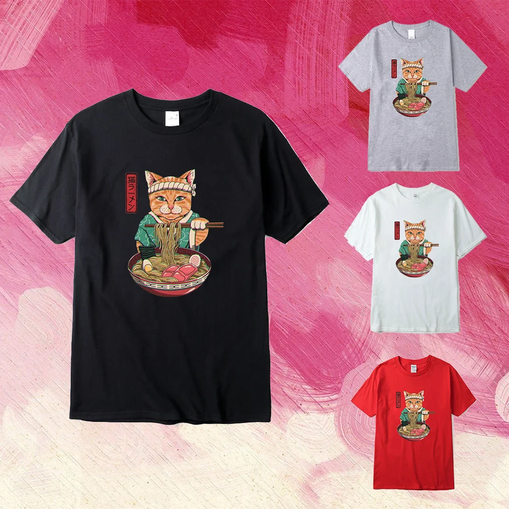 

Men's Summer Cotton TShirt Women Funny Ramen Cat Printing Casual Tee Tops Creative Design Men T-shirts Unisex Fashion Streetwear