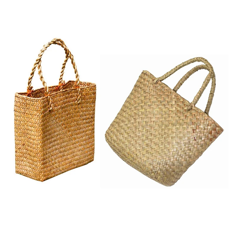 

NEW-2 Pcs Fashion Straw Summer Women Beach Handbags Female Flap Handbags Designer Lady Retro Rattan Handmade Tote Bag Straw Beac