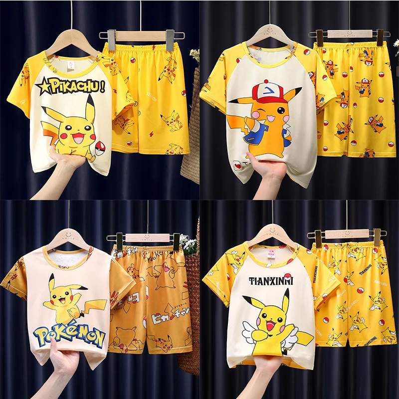 

Pokemon Summer Pikachu Cartoon Pajamas Set Children Boys Girls Short Sleeve Cotton Pajamas Pullover Pajamas Homewear Set