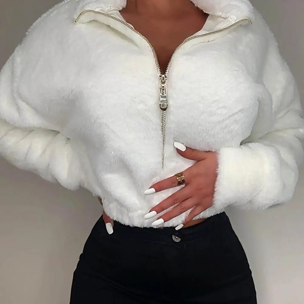 

2022 Fuzzy Hoodies Women Plush Crop Top Women Sweatshirt Stand Collar White Female Blouse Short Top Pullover Blouse Sudaderas