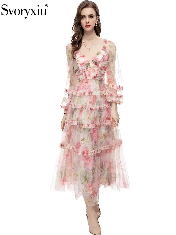 Svoryxiu Spring Summer Fashion Elegant Floral Print Net Yarn Long Dress Women's Sexy Deep V-Neck Lantern Sleeve Flounces Dresses