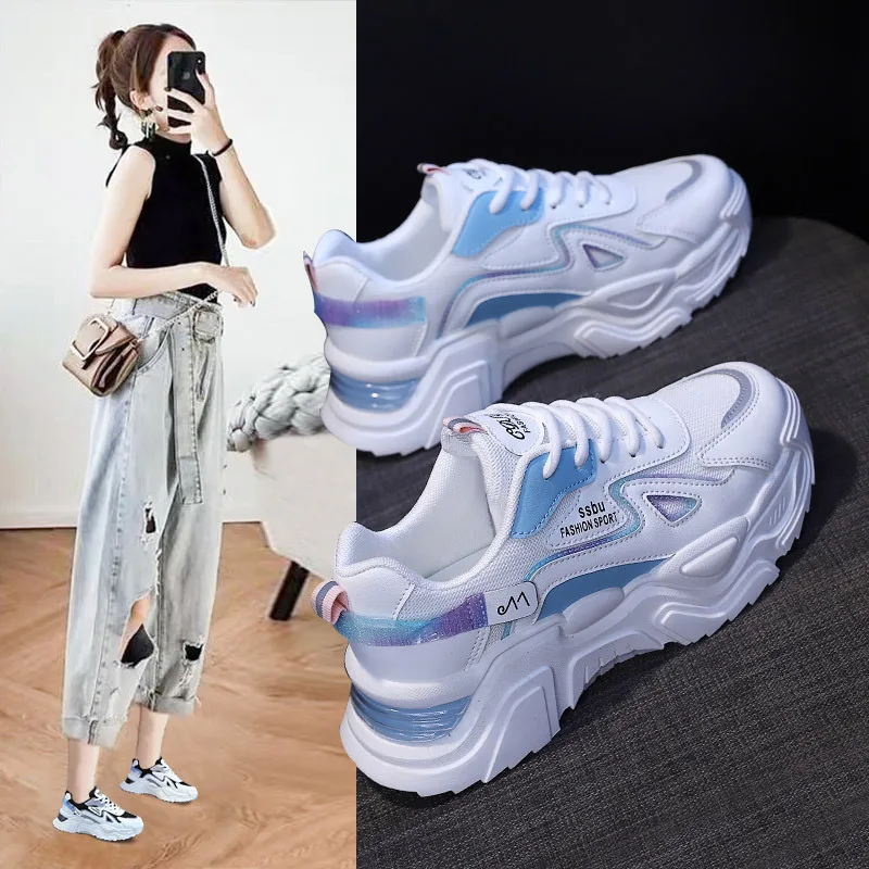 Women Sneakers 2022 Summer Casual Platform Daddy Shoes Lace Up Female Korean Breathable Lightweight All-match Lady Walking Shoes